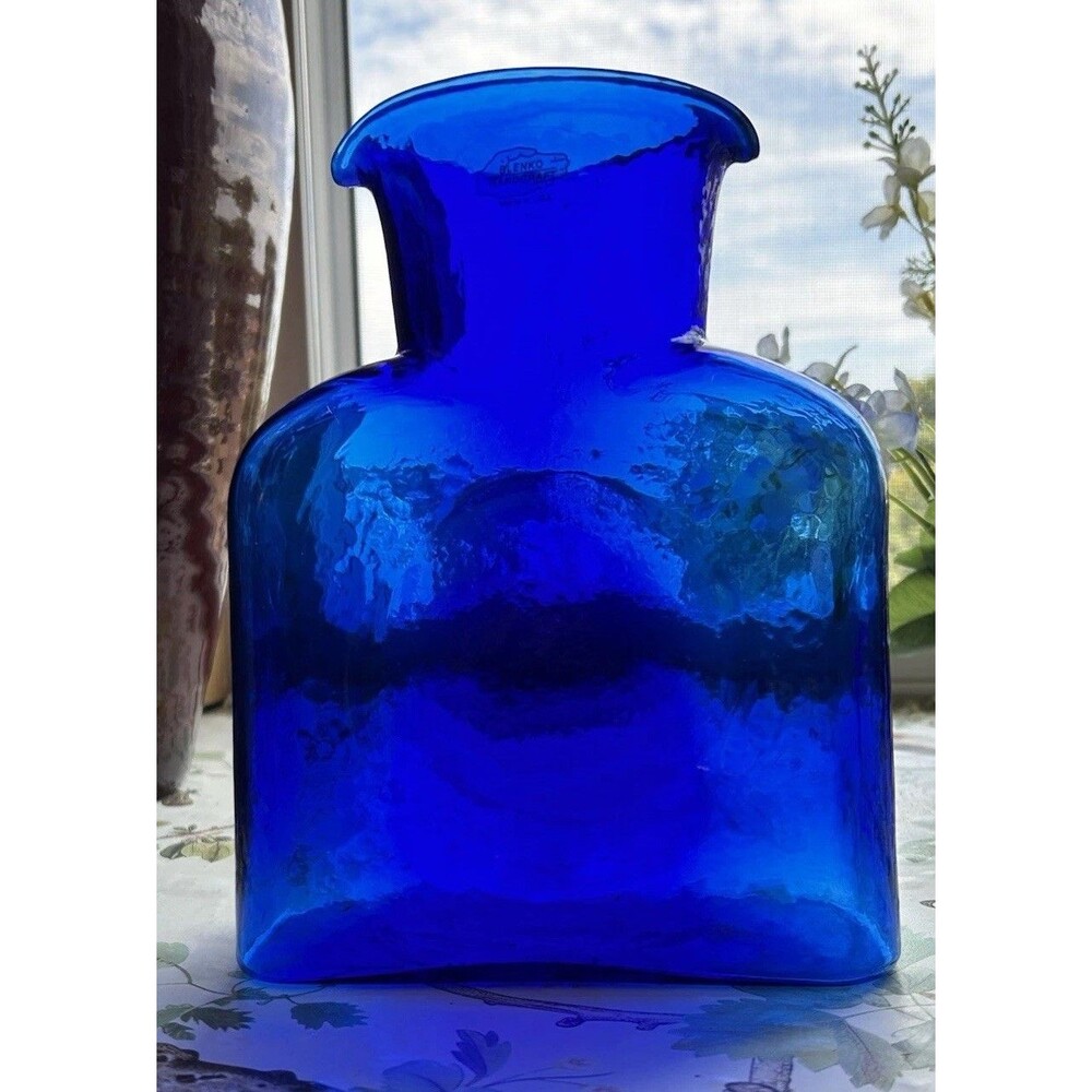 Blenko 384 Cobalt Blue Double Spout Decanter, PRISTINE